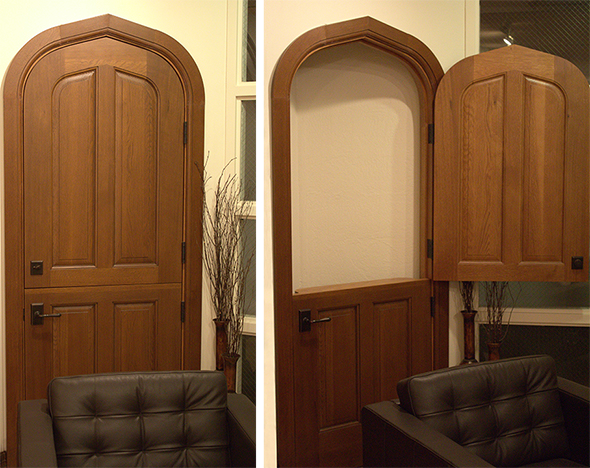 Demonstration of the Dutch door's mechanics at Sun Mountain's San Francisco showroom.