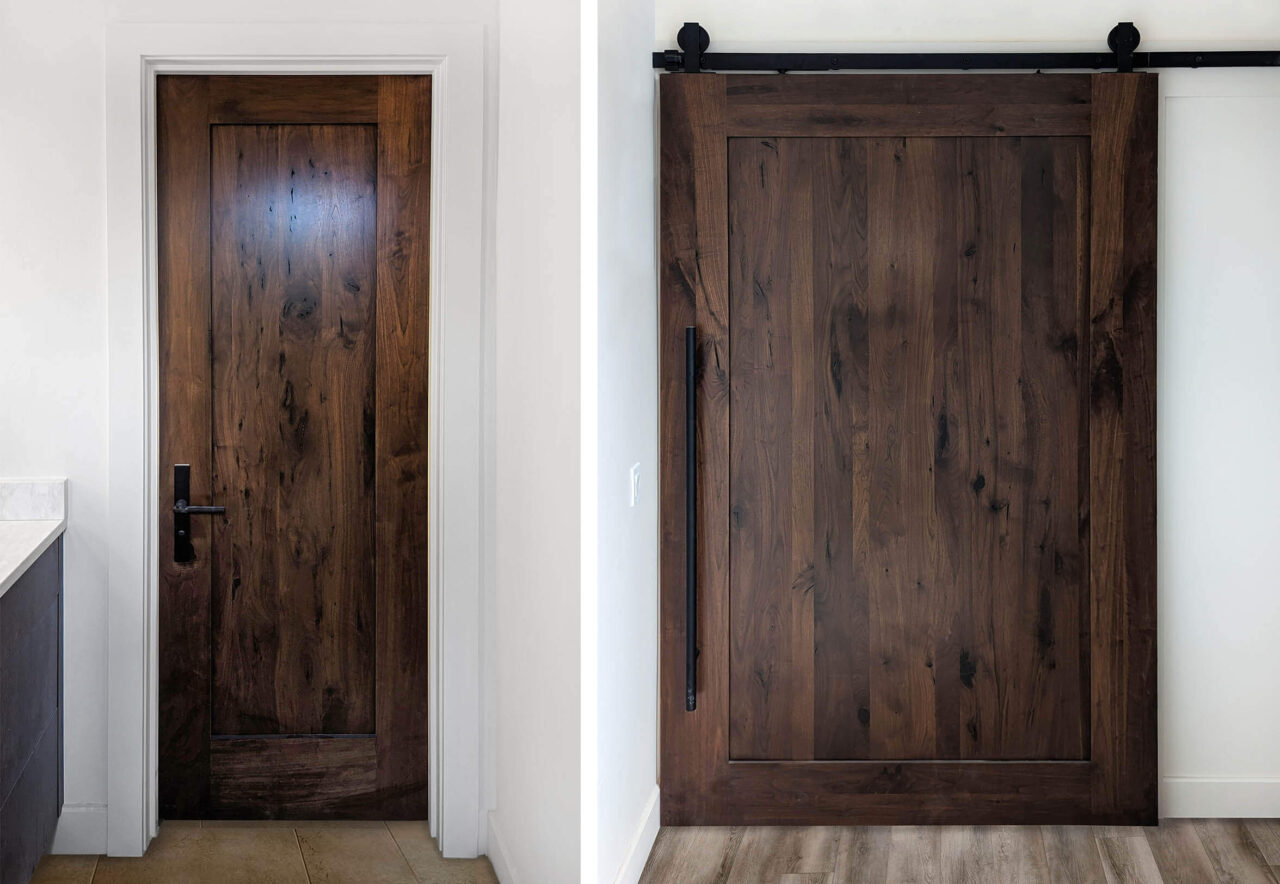 One-panel Knotty Walnut door with dark custom glaze