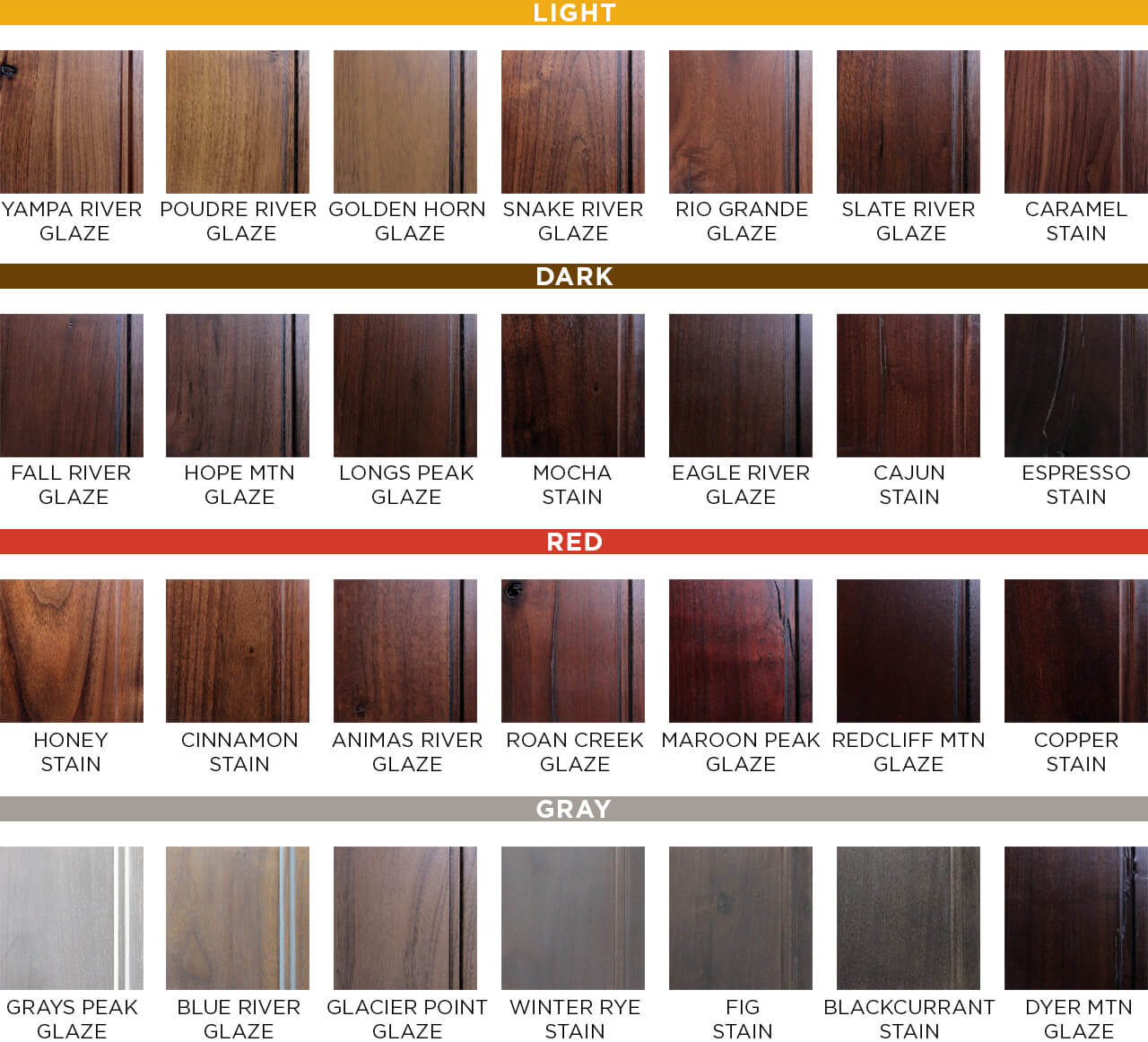 28 factory pre-finish options shown on walnut